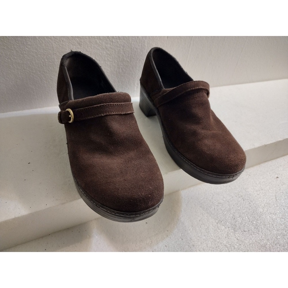 Landsend Shoes Womens 9 Brown Slip On Clogs Low Heel Strap Buckle Comfort